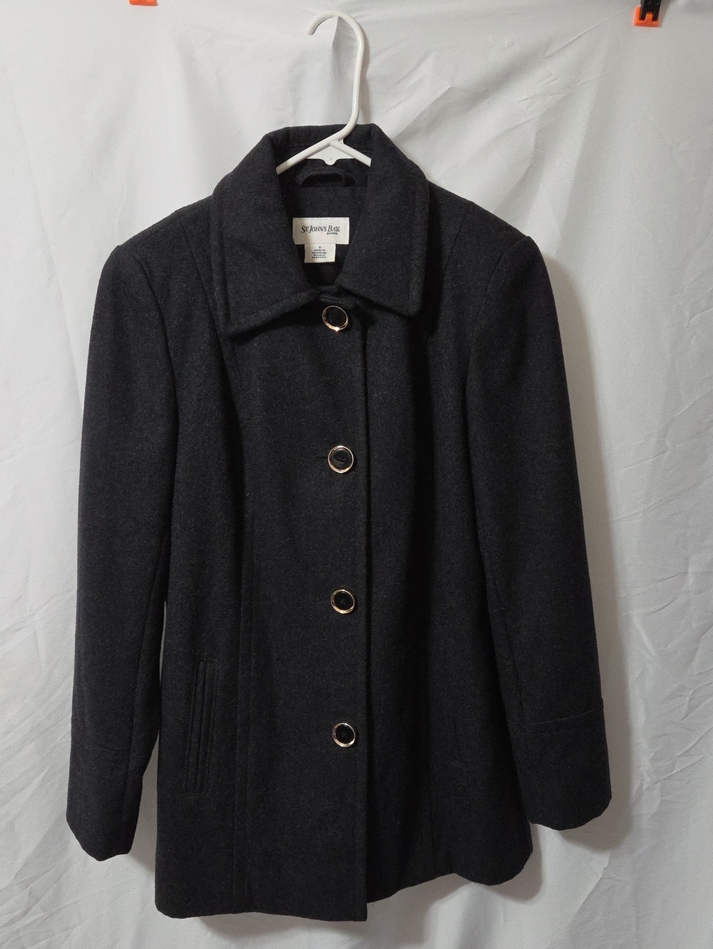 Charcoal Black Wool-Blend Pea Coat with Gold Trim Buttons, Size Small, Like New